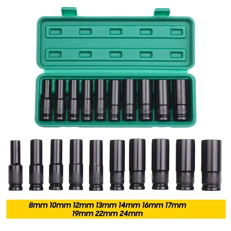 10Pcs 1/2\'\' Drive Deep Impact 6-Point Hex Socket Set Black 8mm-24mm CR-V Extended Hex Wrench Sleeve Tools Kit With Storage Box