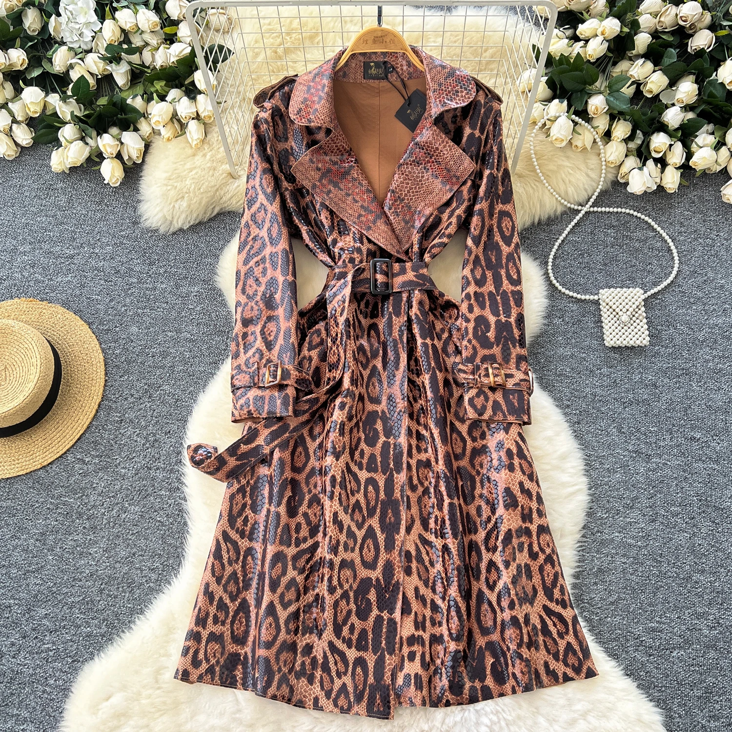 Elegant Notched Neck Vintage Long Sleeve Chic Leopard Slim Sashes PU Leather Trench French Fashion High Street Autumn Clothing