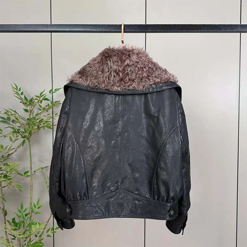 cappotto da donna invernale Piumino in pelle spesso caldo di alta qualità corto collo in vera pelliccia di lana vera pelle di pecora