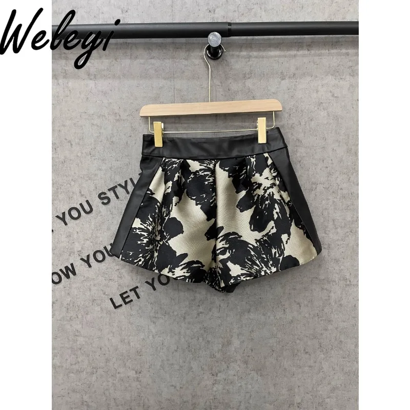 Vintage Ink Printing Splicing Sheepskin Wide-leg Shorts for Women Women's 2024 Autumn New Retro High Waist Black Shorts Mujer