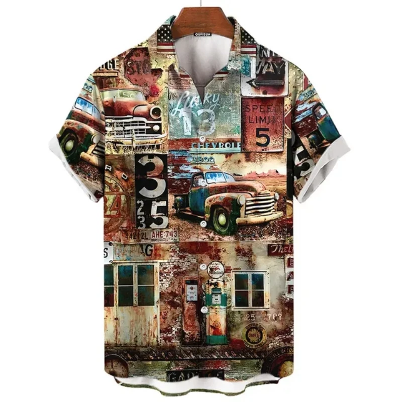 Hawaiian Men's Shirt Route 66 Printed Tshirt Summer Loose Vintage Lapel Button Shirt Beach Party Clothing Oversized Men Clothing