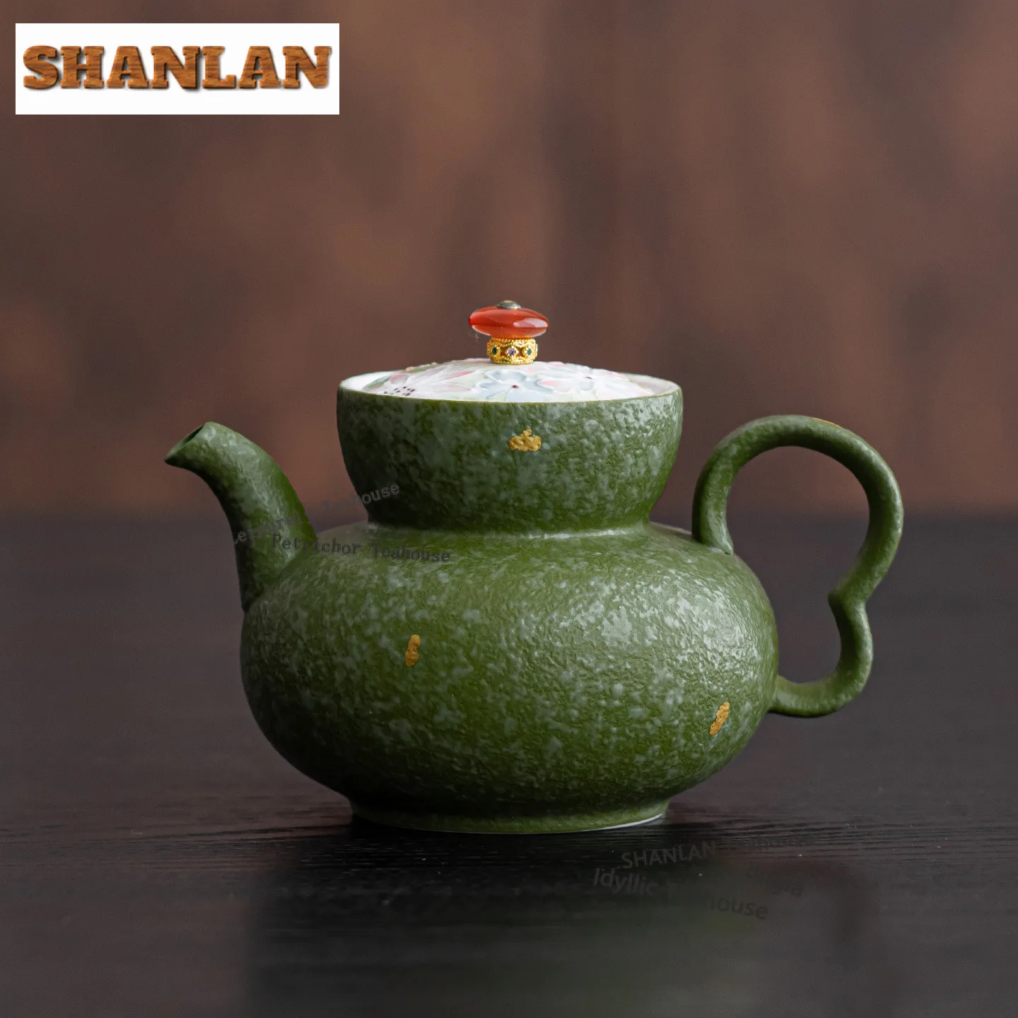 

Чайник-заварник из зеленого оранжевого фарфора с золотым декором, с отверстием для заваривания, для чайных церемоний, аксессуары и украшения