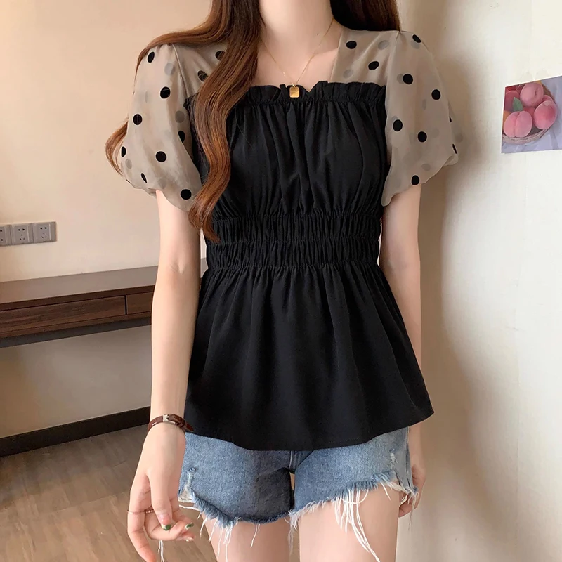 Sweet Folds Spliced Polka Dot Puff Sleeve Chiffon T-Shirts Female Clothing 2024 Summer New Loose Casual Tops Chic Tee Shirts