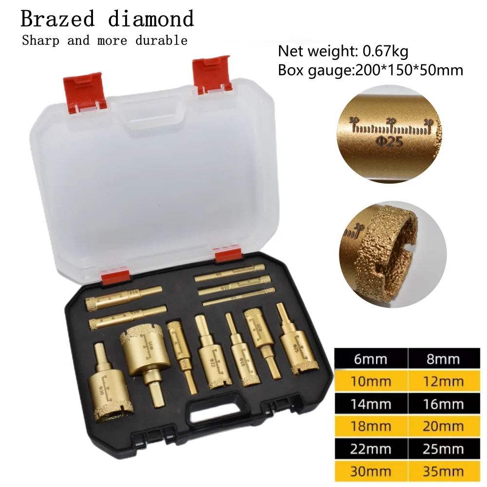 Dry Operation Diamond Coated Drill Bits Set Hole Saw Kit Hand Tools for Glass Marble Granite Stone Tile Ceramic  10Pcs12Pcs 13Pc