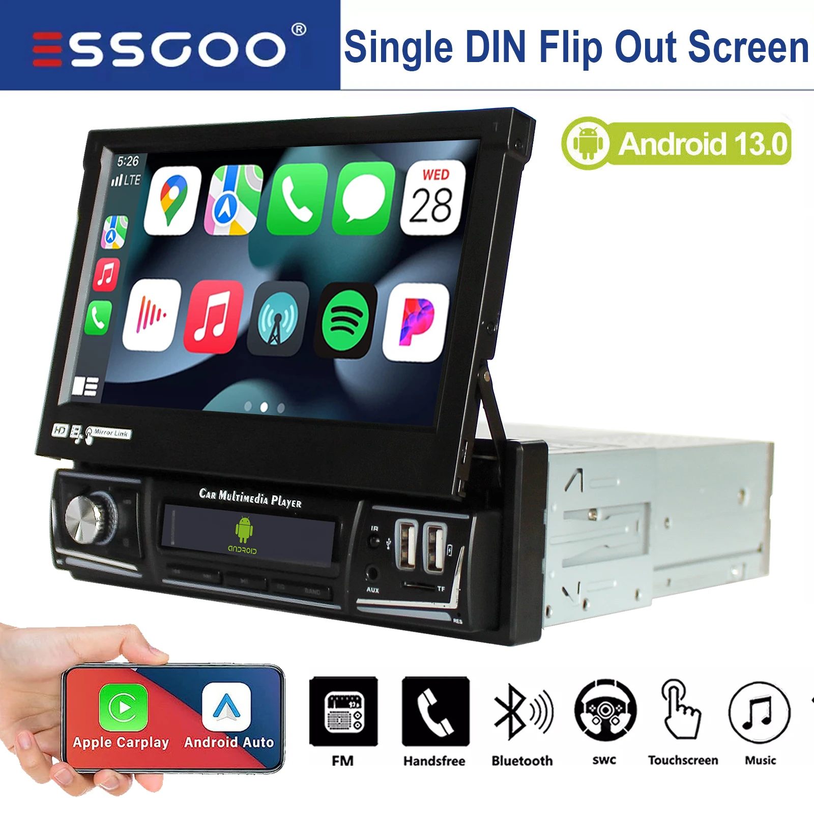 

ESSGOO 1 DIN GPS-навигация 7 дюймов для Apple Carplay Android 13 Автомобильный стерео радио Мультимедийный плеер с откидным экраном 4 + 64G BT Wi-Fi FM
