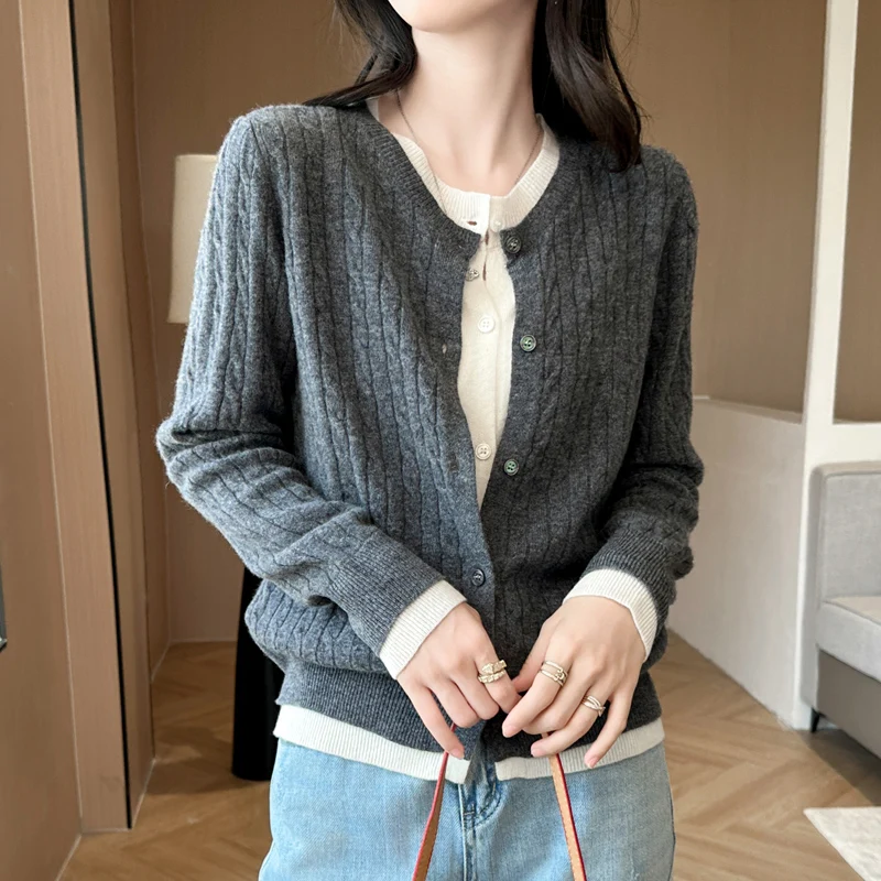 Cardigan con o-collo moda coreana da donna autunno/inverno nuovo 100% lana cashmere lavorato a maglia falso due articoli giacca maglione top larghi e caldi