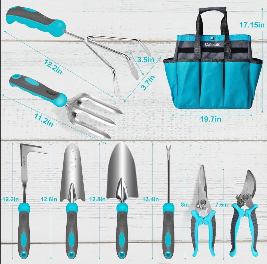 Gardening Tools,  10 Piece Heavy Duty Stainless Steel Garden Tools Set with Ergonomic Rubber Handle. Variety of Gardening