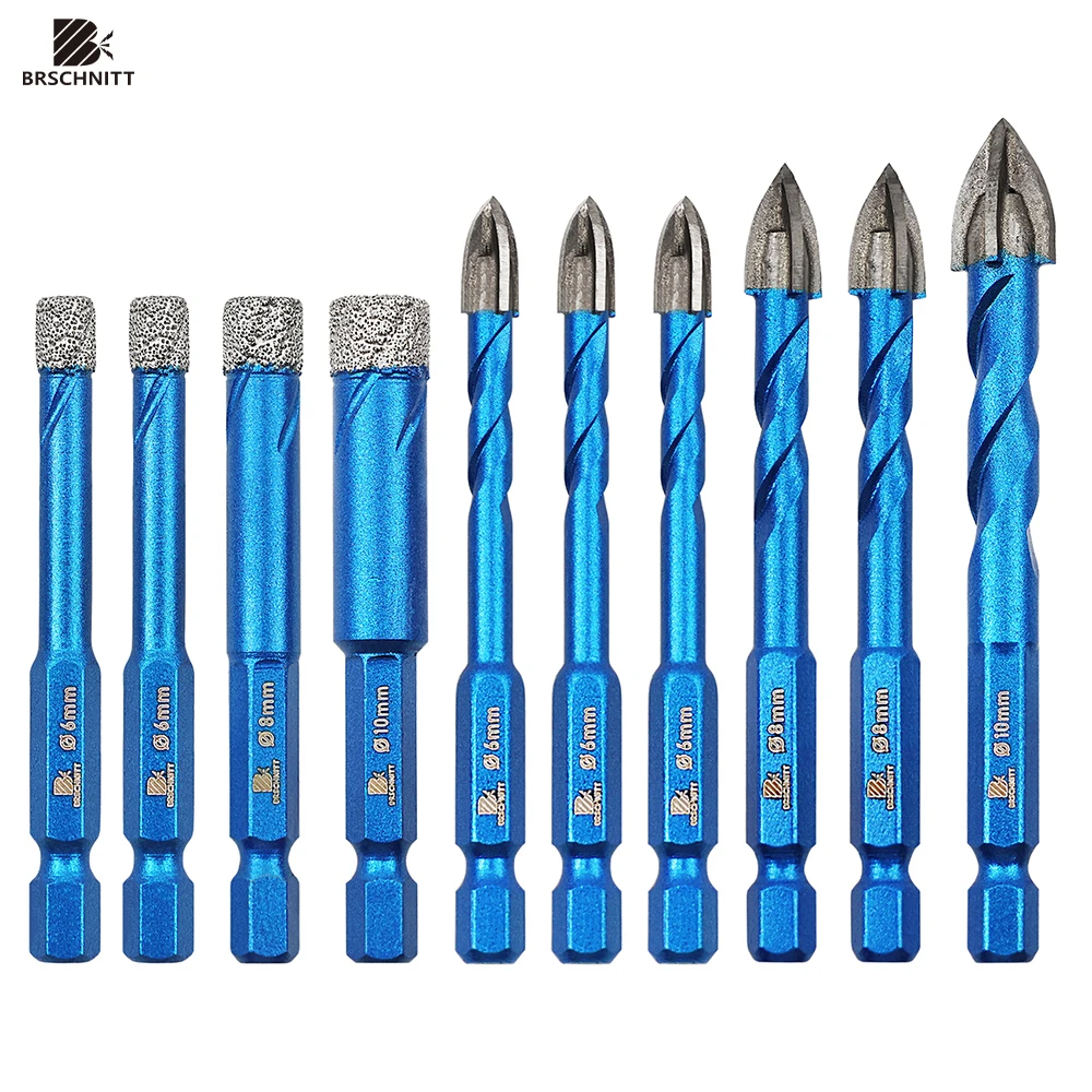 

10pcs Set Dia 6/6/8/10MM Dry Drill Core Bit Spiral Groove and 6/6/6/8/10MM Quick Fit handle Cross Spiral Hard Alloy Drill Bit