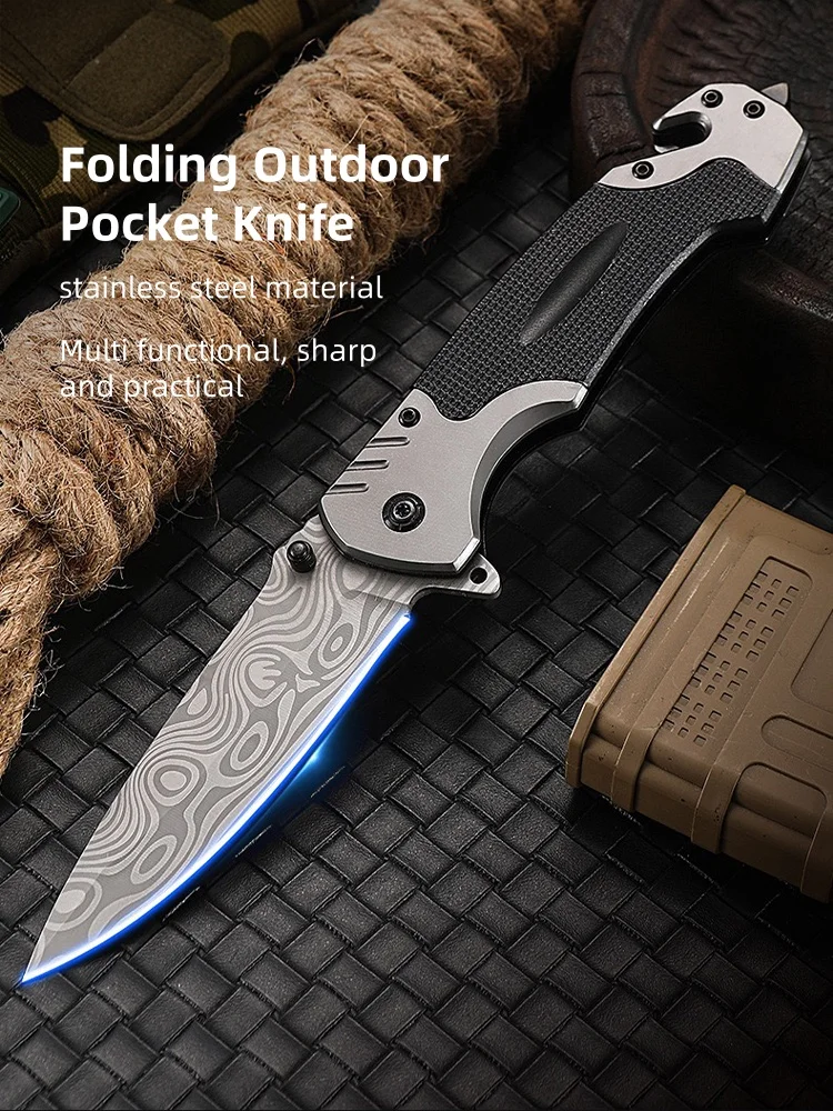 Outdoor Stainless Steel Folding Knife Damascus Pattern Small Knife Camping and Hiking Portable Knife High Hardness Sharp