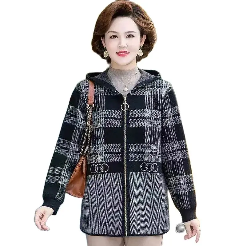 

2022 New Spring And Autumn Woolen Ladies Coat Loose Lattice Female Outerwear Hooded Zipper Mother Dress Cardigan Women's Tops