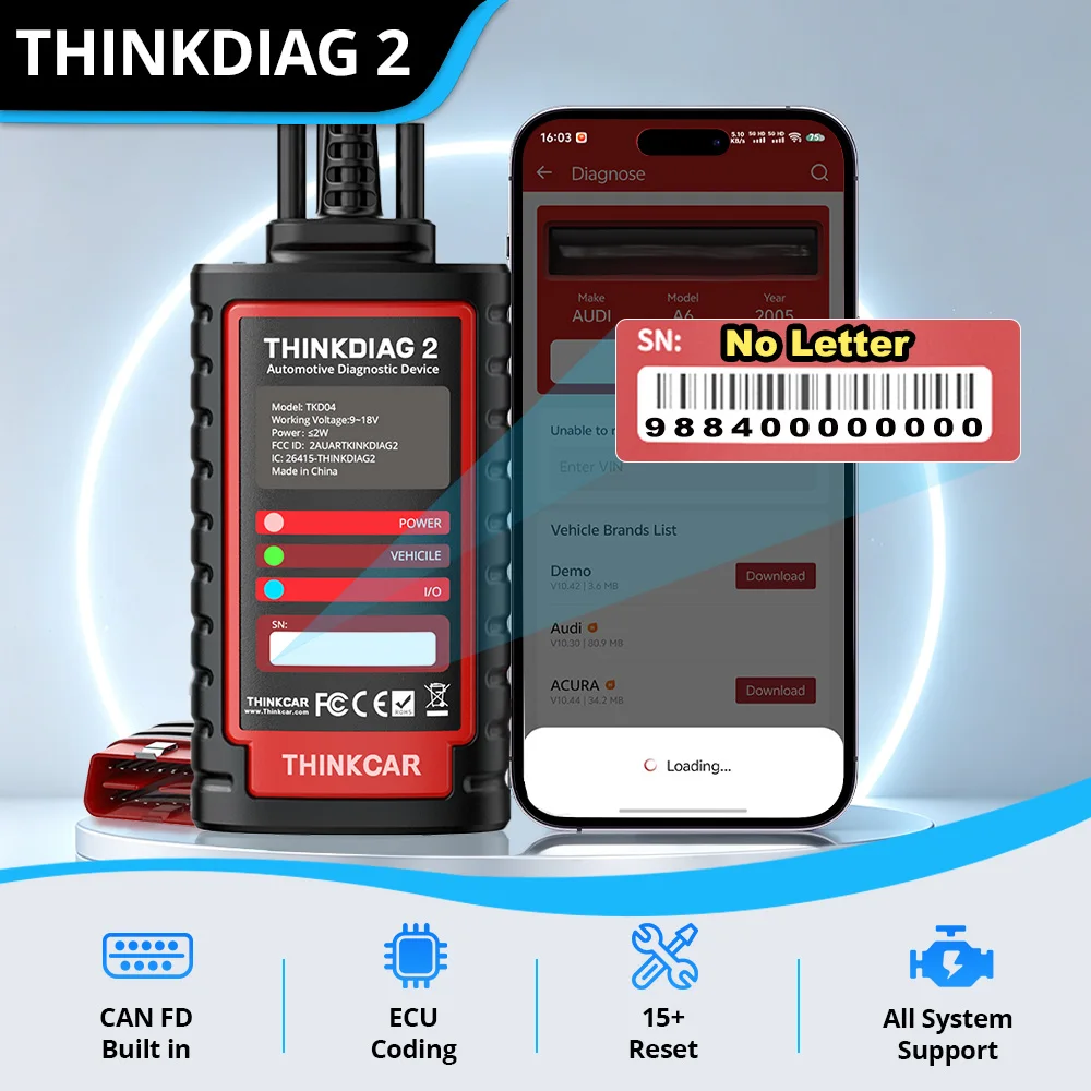 Thinkcar Thinkdiag 2 OBD2 Bluetooth Diagnostic Tool Full System Diagnose OBD2 Diagnostic Scanner for iOS & Android, THINKCAR Bluetooth Scan Tool with CAN-FD Protocol, 15+ Reset Functions, ECU Code, Active Test, AutoVIN, 1 Year Update
