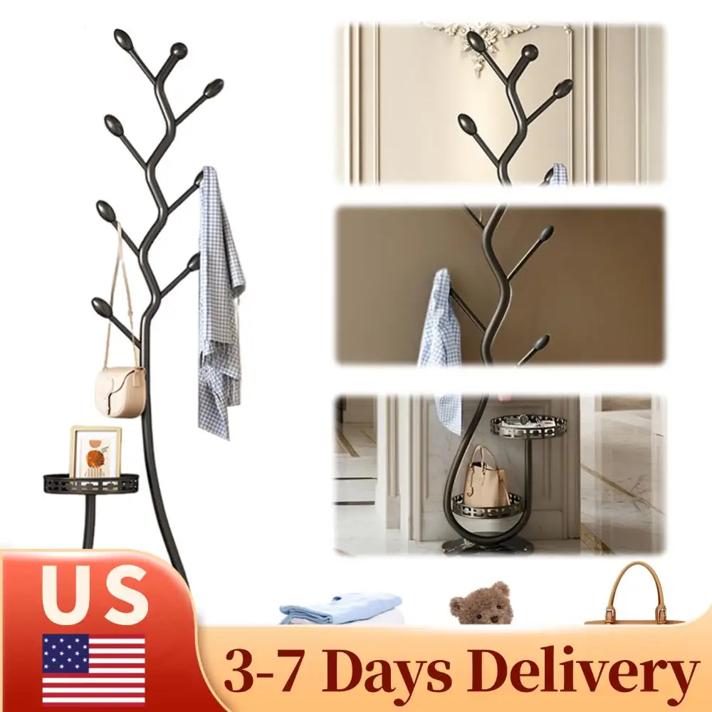 

Metal Coat Rack Carbon Steel Coat Tree with 2 Storage Tray Space Saving Storage Shelf Heavy Duty for Hats Coats Scarves Handbag