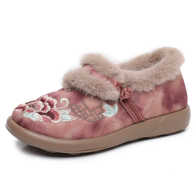 Women's Winter Embroidered Shoes Traditional Chinese Style Fur Lined Warm Casual Shoes Ladies Non-Slip Comfortable Walking Shoes