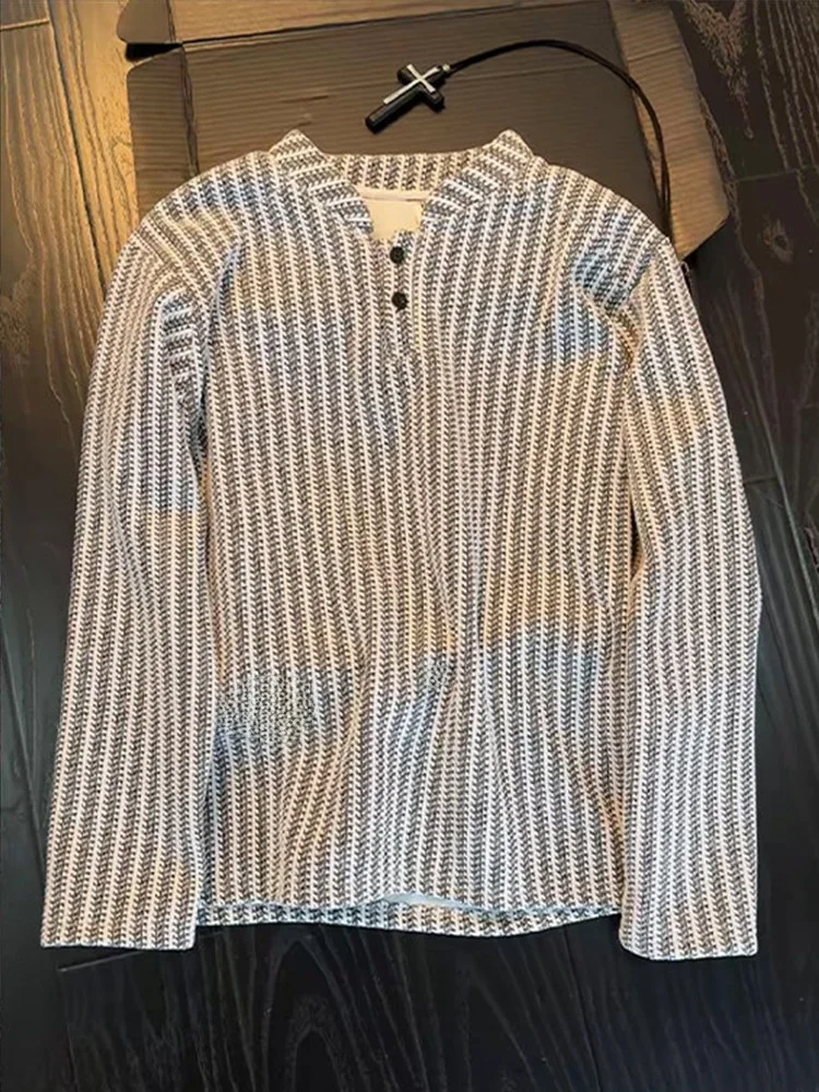 Men's Fishbone Pattern Henry Collar Long Sleeve Sweatshirt Fashionable Autumn  Shirt Base Layer T-shirt Casual Loose Fit