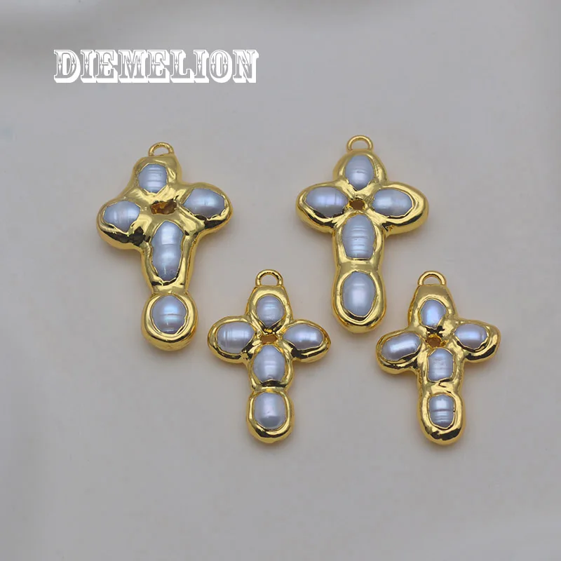 

1Pcs 18K Gold Plated Cross Shape Natural Freshwater Pearl Pendant for Jewelry Making DIY Necklace Earrings Accessories