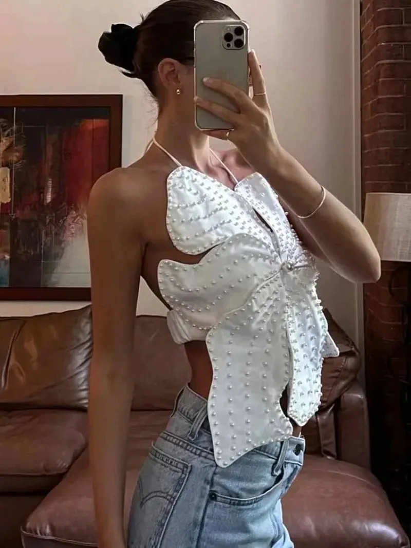 

2026 Summer Women's Fashion Party Pearl Sexy Backless 3D Flower Strap Sleeveless Lace Waistband Off-Shoulder Top
