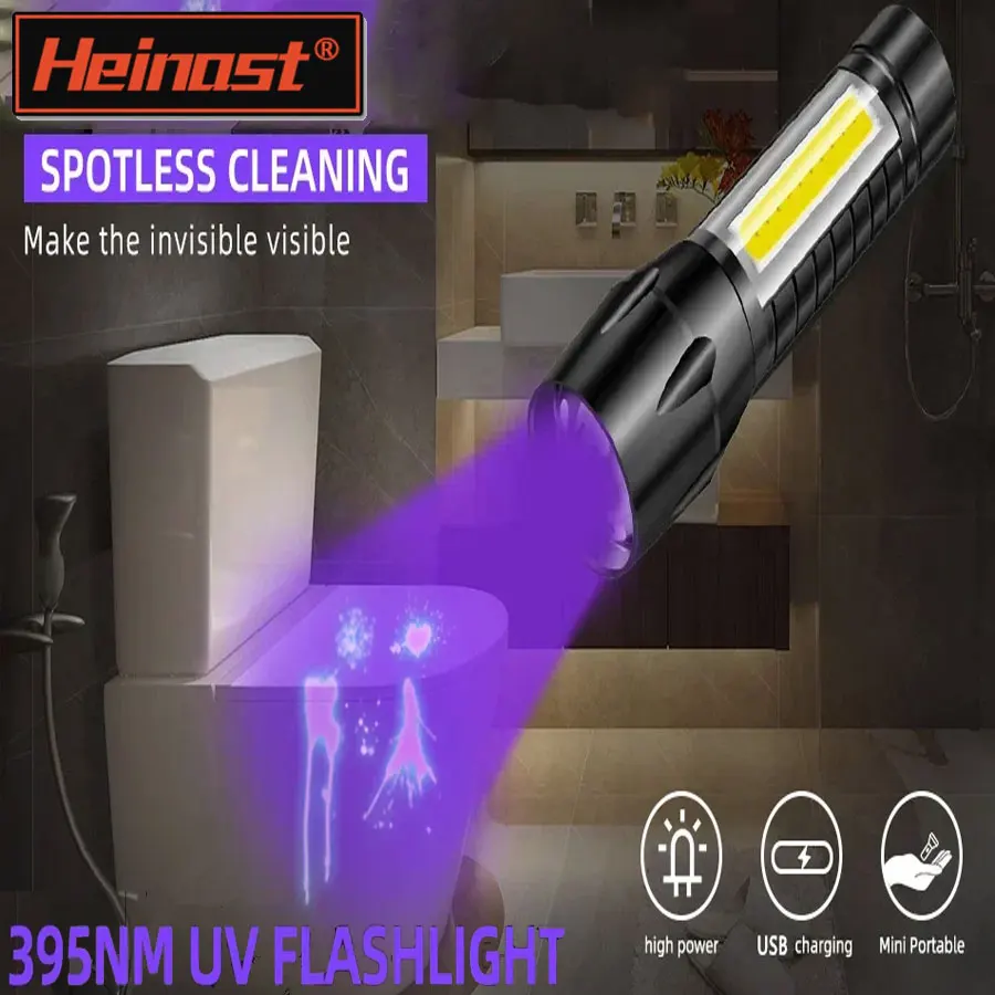 Mini LED UV Flashlight Portable USB Rechargeable Zoomable Ultraviolet Torch 365nm Pet Detector Violet Waterproof Flashlights
