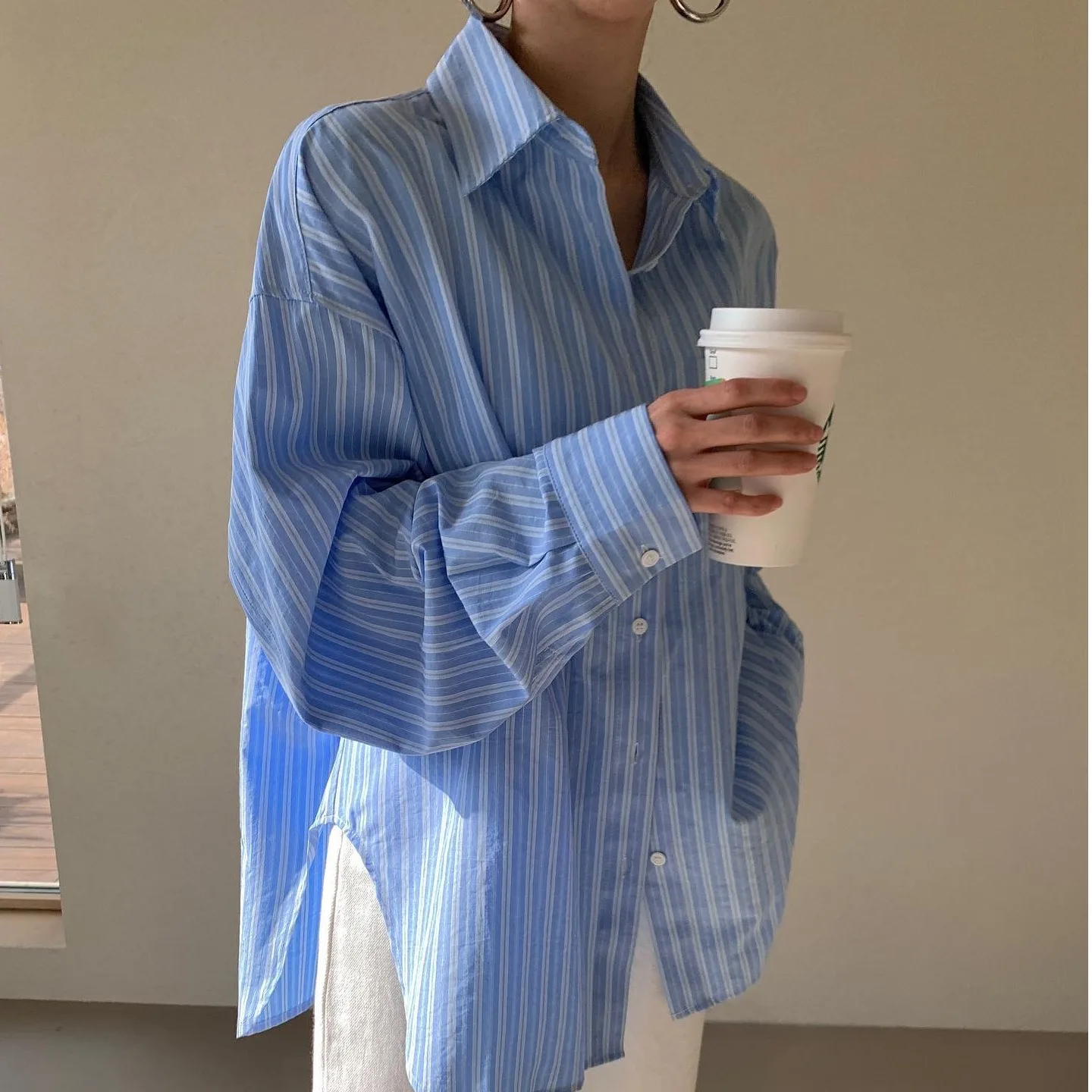 Chic Early Autumn Lazy Style Striped Loose Long Sleeve Turn-down Collar Fashionable Women's Shirt Sun Protection Outerwear