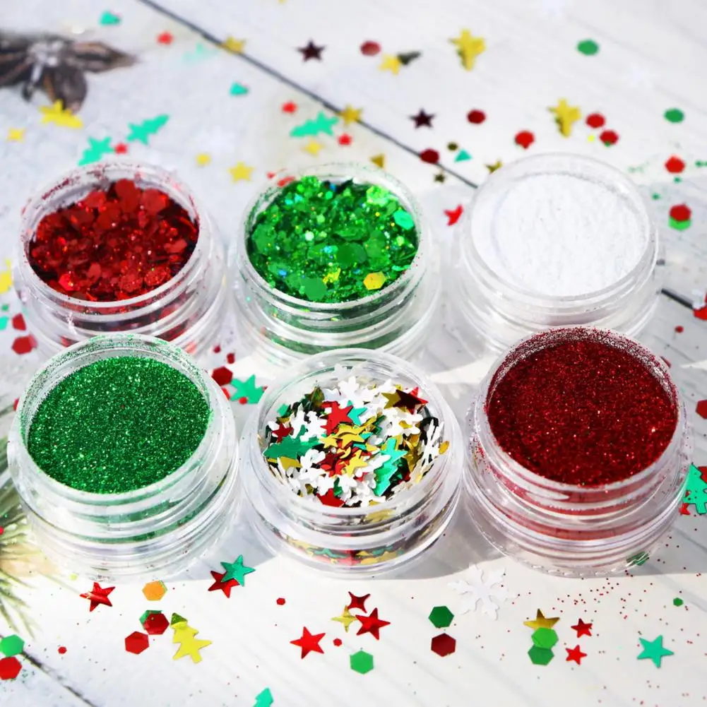 Nail Art Glitter Snowflake Nail Art Patches Festive Snowflake Glitter Set 6 Bottles of Christmas Nail Sequin Flash for Easy