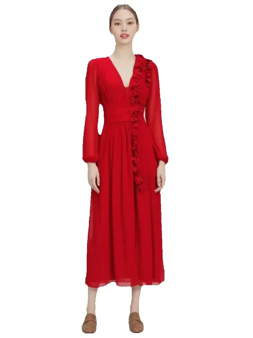 

Vintage V-neck Ruffles Long Formal Evening Party Dress Red With Long Sleeves