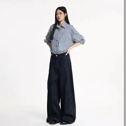 रेट्रो मिनिमलिस्ट डेनिम ब्लू वाइड-लेग कर्व्ड-हेम जींस यूनिसेक्स रिलैक्स्ड फिट वर्सेटाइल ट्राउज़र 10 best sales पेटिट जींस - №10