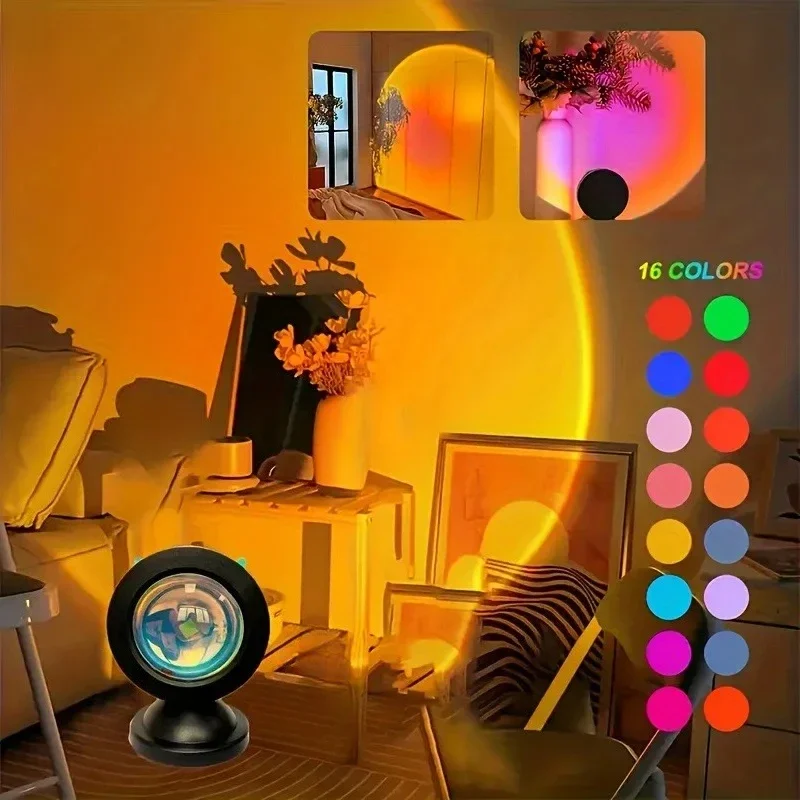 Vibrant Sunset Projection Light - 16-Color Spectrum, USB Remote Control, Dynamic Color Changing LED Light - Creates Warm Hom