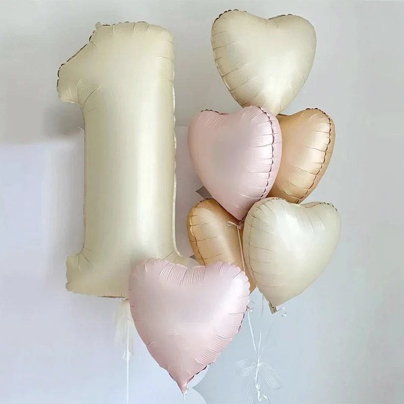 8pcs Cream Color Number Heart Foil Balloons 1st Birthday Party Decorations Kids Girl Boy First One Year Anniversary Supplies