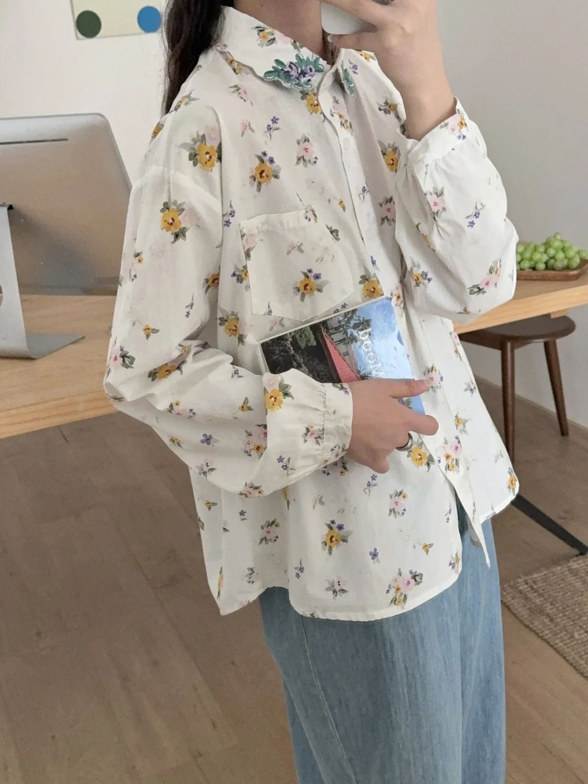 New Autumn Cotton Long Sleeve Shirt, Women Lapel Floral Embroidery Top, Mori Girl Sweet OL Loose Blouses, 2024 Winter T48865QM