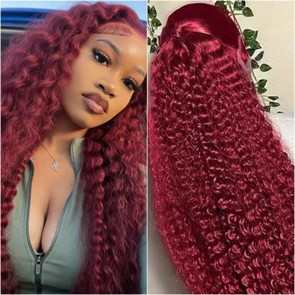 Deep Curly Wigs Human Hair 99J 13x4 13x6 Hd Lace Frontal Wig Colored Water Wave Lace Front Wig For Women 30 36 38 Inch  13x4 Red Curly Water Deep Wave Lace Frontal Wigs Human Hair 200% Density 13x6 Red Lace Front Human Hair Wig view 4