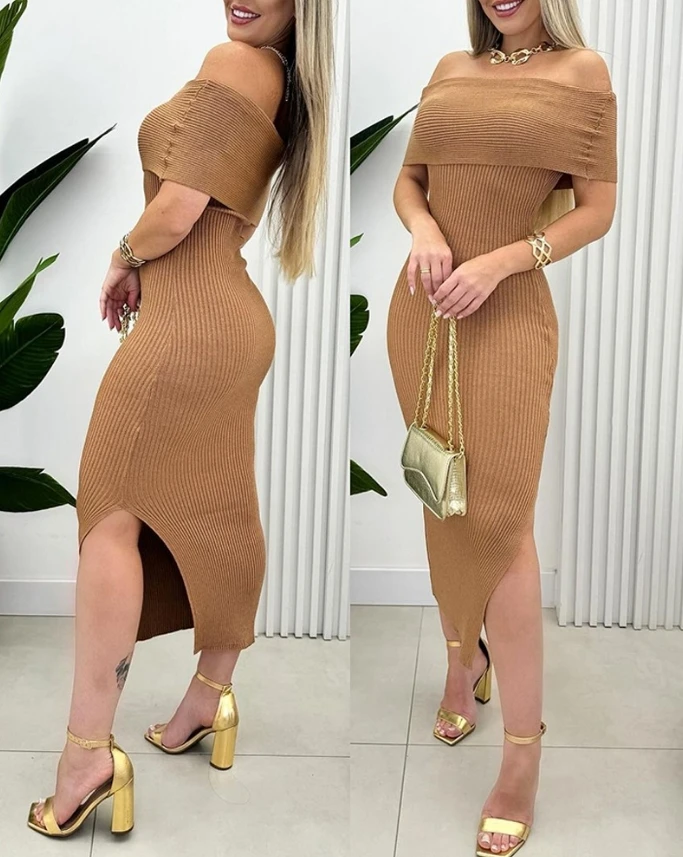 

Women's Elegant Dress 2024 Summer Autumn Latest Off Shoulder Side Slit Knit Bodycon Maxi Dress Short Sleeve Skinny Long Skirt