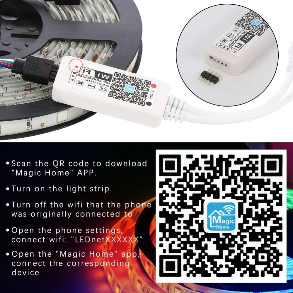 Led strip controlador, wi-fi, bluetooth, telefone inteligente, controle sem fio, fita de luz rgb, smd 2835 5050