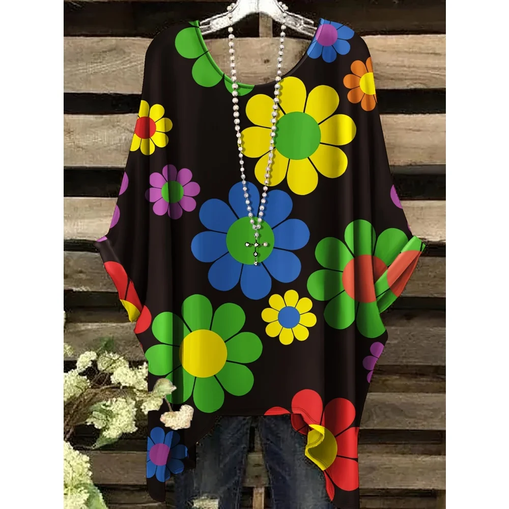 2025 elegante boêmio camiseta feminina simples vintage floral impressão bainha irregular em torno do pescoço camiseta moda versátil topo feminino