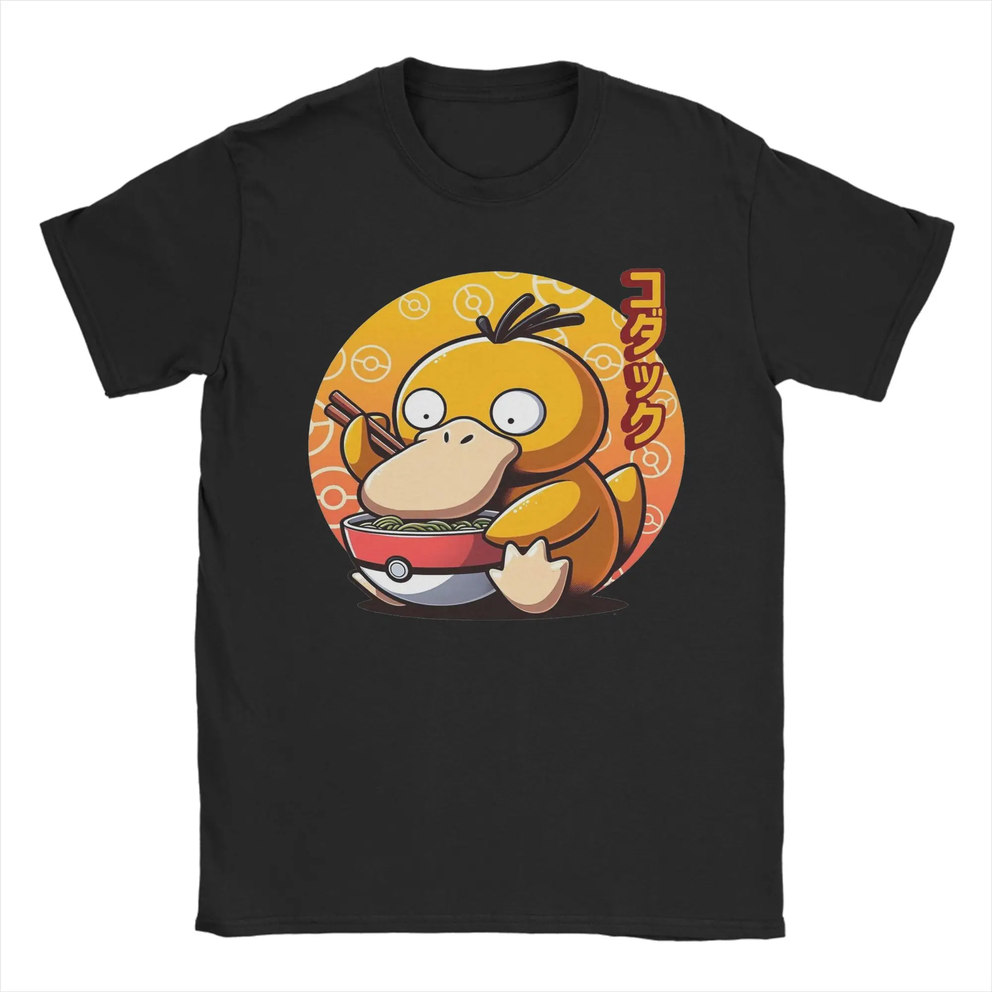 Men's T-Shirts Cute Water Type Creature Eating Ramen P-Pokemon Vintage Cotton Tees Psyduck T Shirts Round Collar Clothing 6XL
