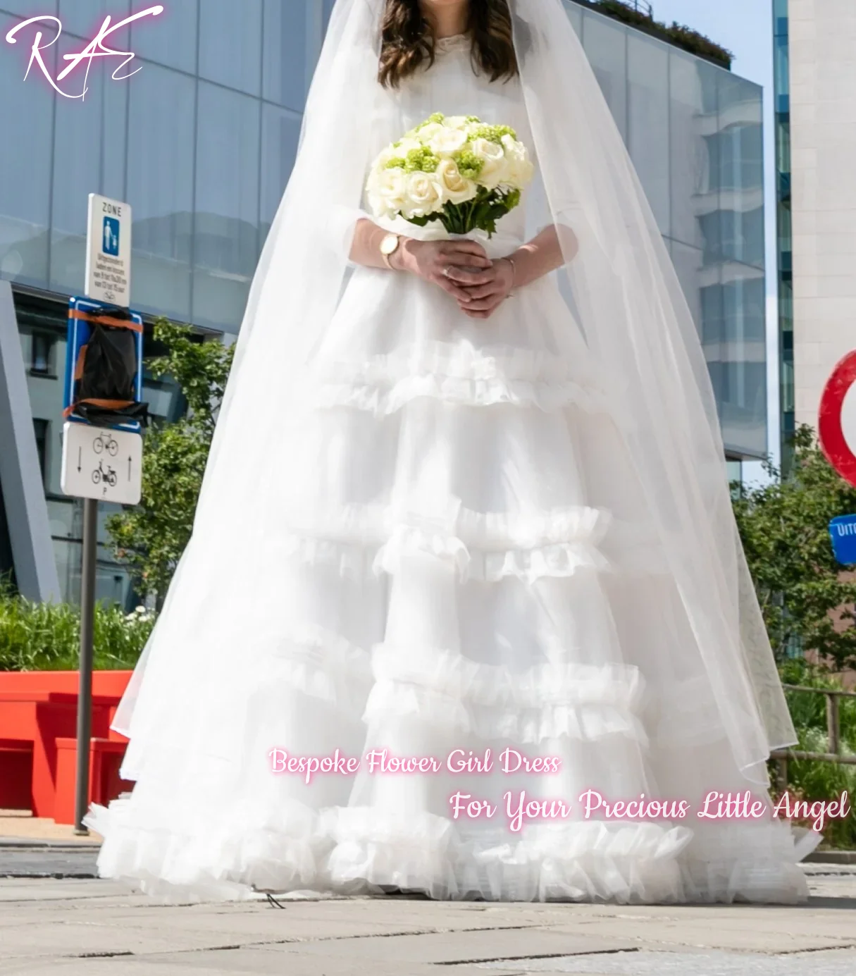 Romantic White Tiered Ruffle Tulle Flower Girl Dress For Wedding Birthday Pageant Long Sleeves Puffy Floor Length A Line Gown