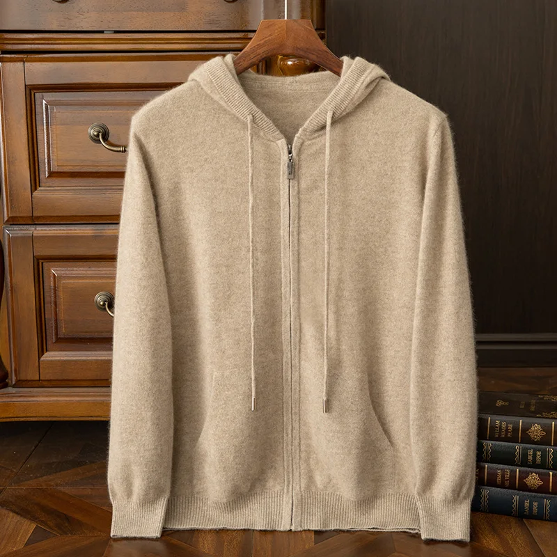 

24 men's autumn and winter 100% pure wool cardigan hooded with pocket solid color thick sweater casual cashmere knitted jacket