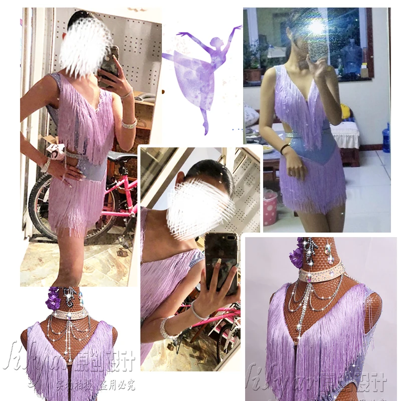 New Latin  Competition Performance  Adult Custom Children\'s Purple Tassel Backless Dance Skirt