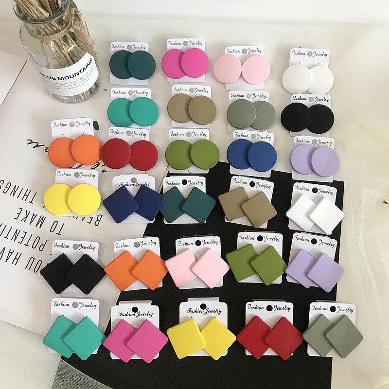 S925 Silver Color Square Earrings Frosted Paint Geometric Exaggeration Candy Color INS Korea Solid Color Acrylic Ring