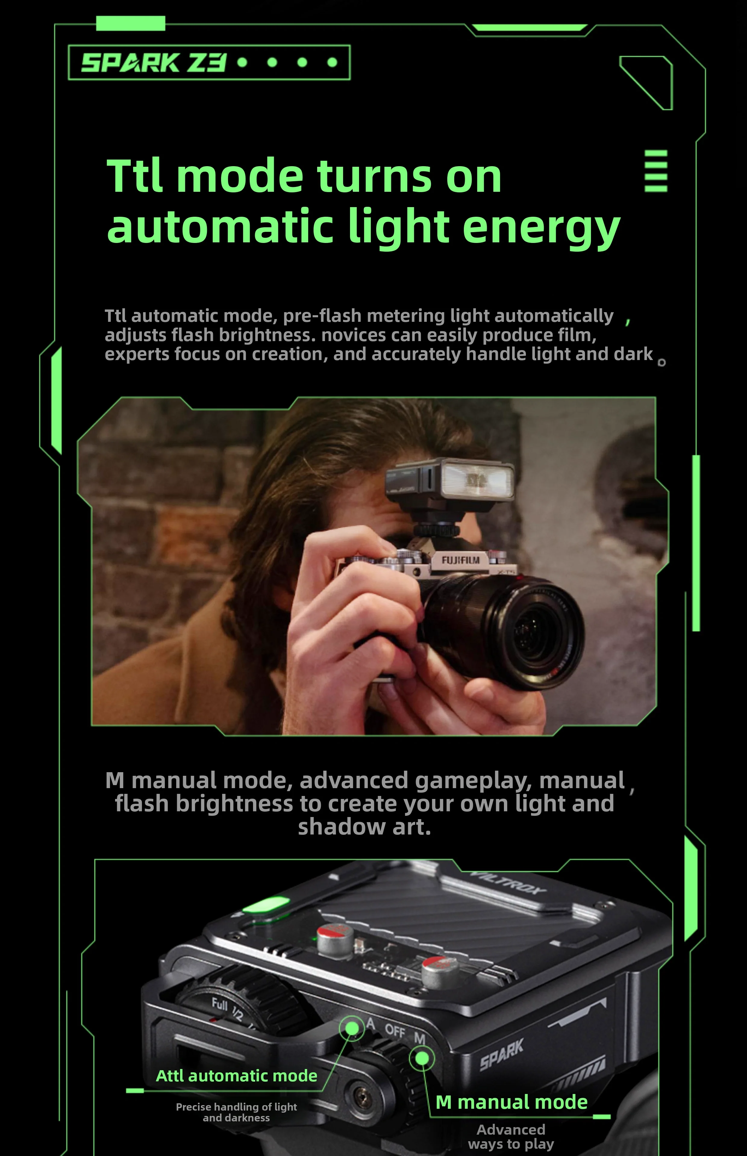 

Viltrox Spark Z3 TTL Встроенная вспышка TTL и карманная подсветка с ручным режимом, совместимая с Fuji Z3-F/NIKON Z3-N/Canon Z3-C/Sony Z3-S