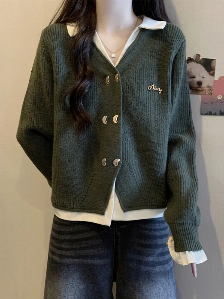 

plus Size Loose Long Sleeve Knitted Sweater Korean Style Fake Two-Piece Spring Women's Fashion Slimming Versatile Top