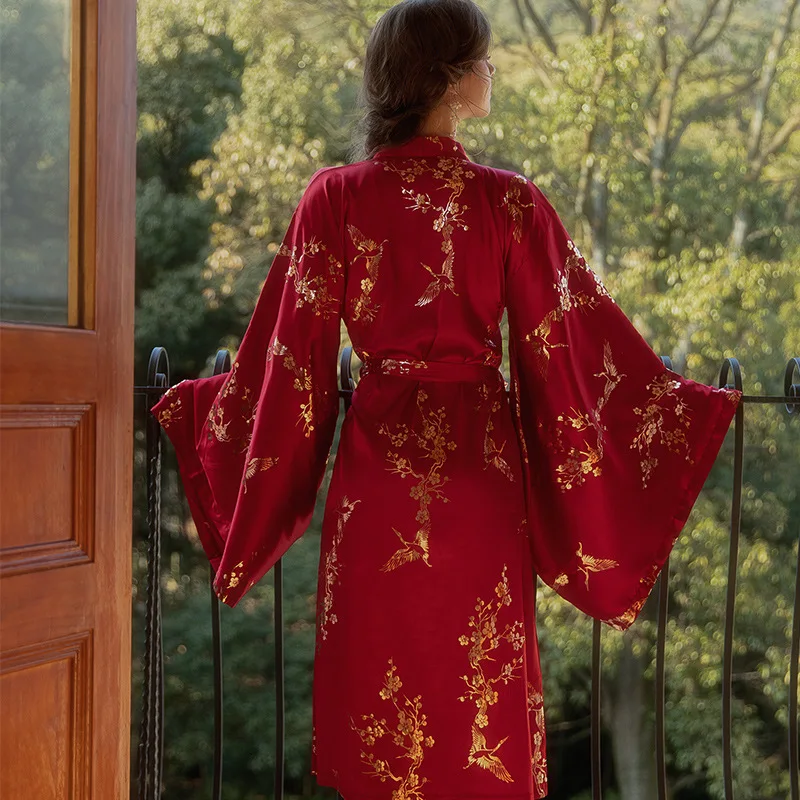 Luxury Burgundy Kimono Robe Women Wedding Bride Bathrobe Sexy Bronzing Flower Morning Dressing Gown Elegant Sleepwear Nightgown