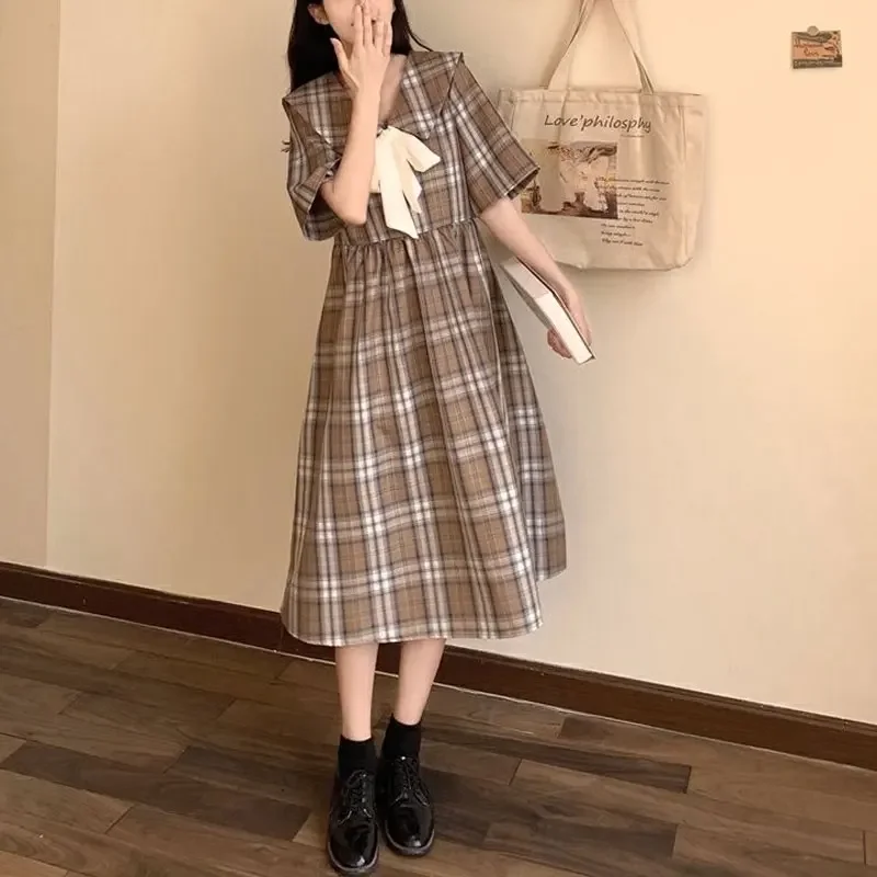Vintage Plaid Sailor Collar Dresses Women's Clothing Japan Style Summer Fashionable Drawstring Bow Preppy Style Basic Midi Dress