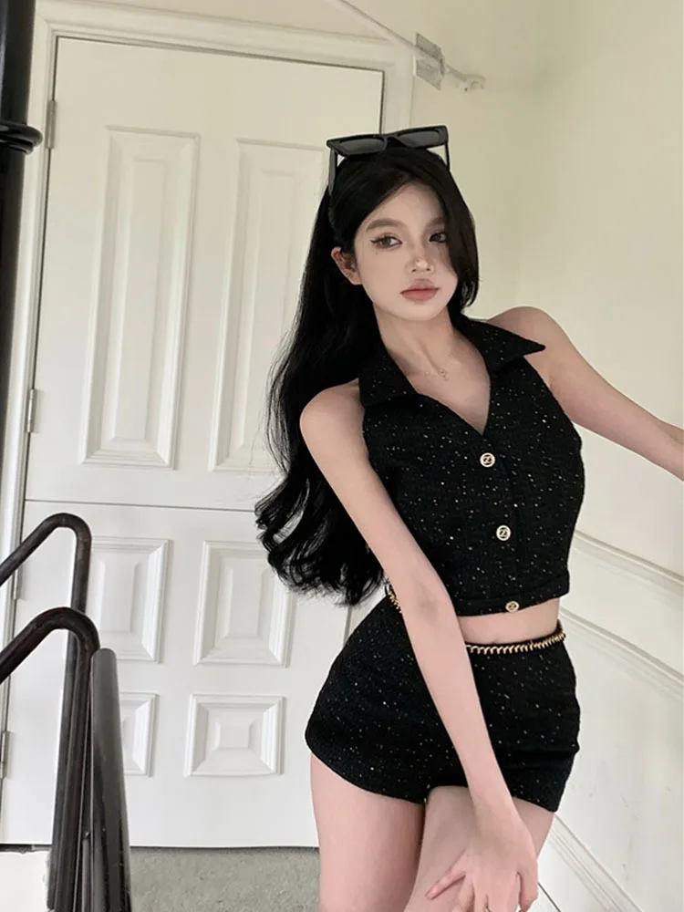 High Street Small Fragrant 2 Piece Sets Women Outfit Korean HotSweet Sexy Crop Top + Short Sets Summer Beach Two Piece Pant Sets