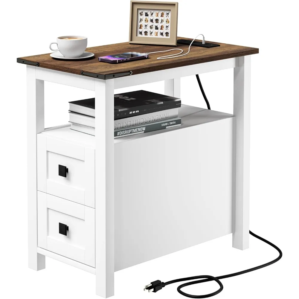 

Farmhouse End Table with Charging Station and 2 Storage Drawers, White Wood Nightstand Narrow, Skinny Side Table Rustic