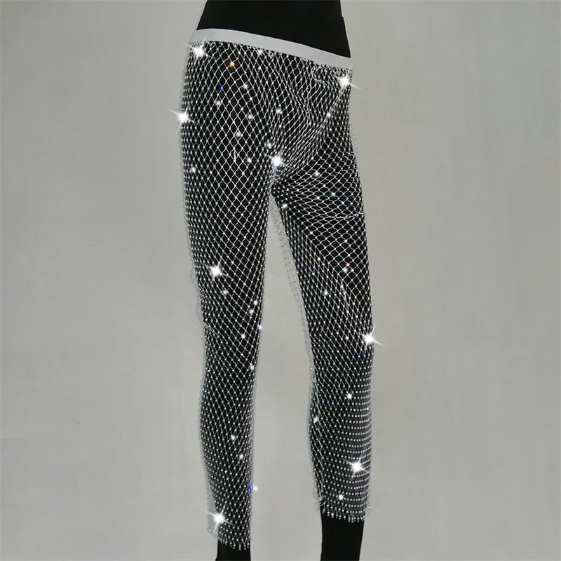 Neue Kristall Diamant Glänzende Frauen Hosen Sommer Sexy Aushöhlen Elastische Fishnet Hosen Mode Durchsichtig Beachwear 2022 – Detail 9
