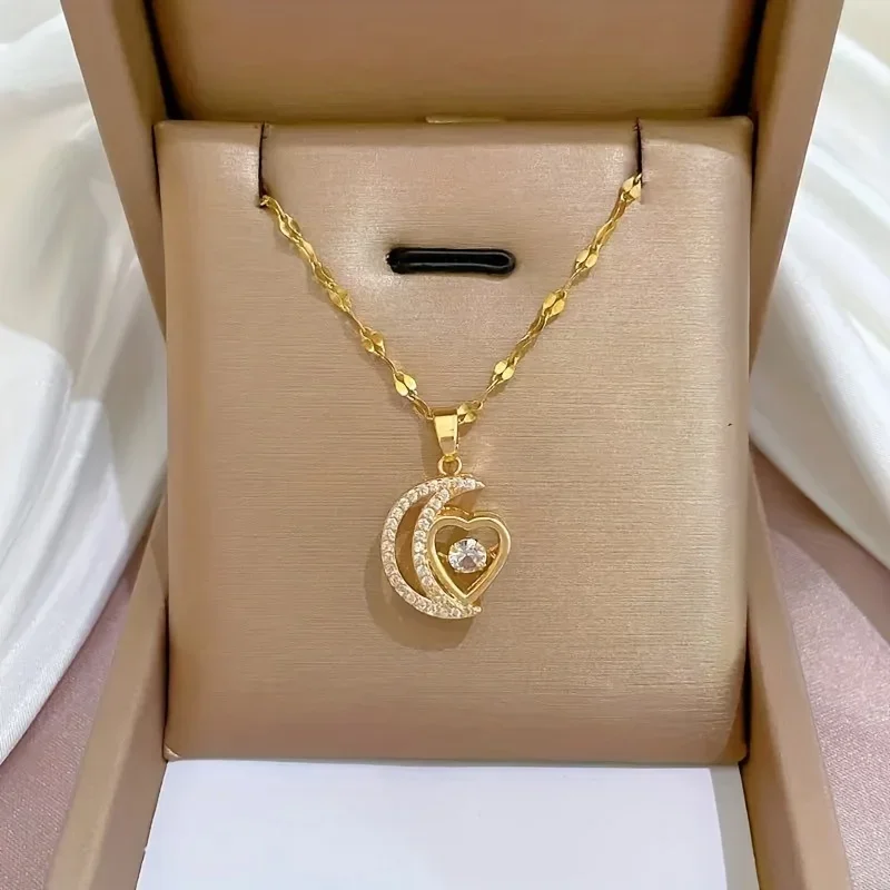 1pc of Women'S Fashionable And Elegant Luxury Heart-Shaped Copper Inlaid Synthetic Zirconia Necklace, with Stainless Steel Chain Suitable for Women'S Holiday Jewelry Gifts