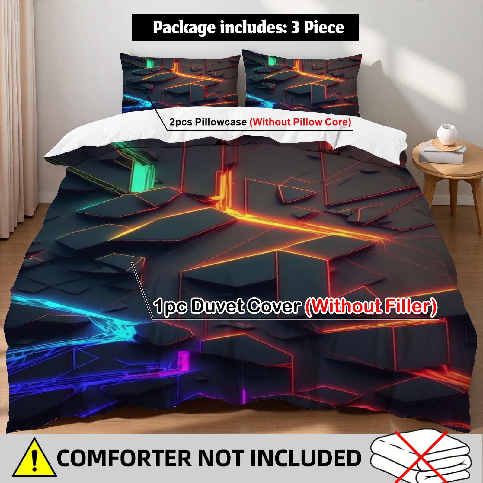 

Комплект постельного белья в стиле киберпанк: технологичный дизайн, художественное оформление, пододеяльник и 2 наволочки, размеры: односпальный, полуторный, двуспальный.