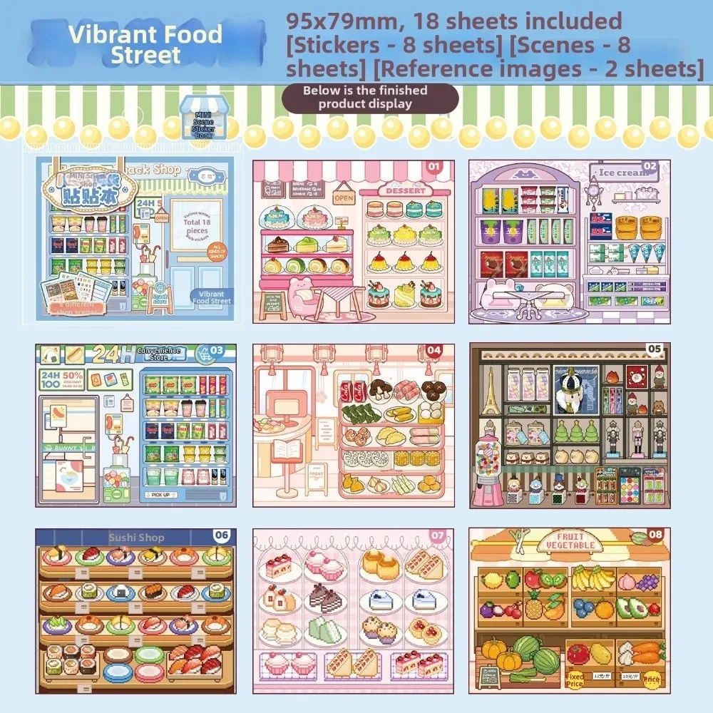 Livre d'autocollants 3D sur le thème des magasins, 8 mini-scènes, autocollants de simulation de scènes miniatures en PET, jeux, aliments, fruits, desserts, autocollants de paysages