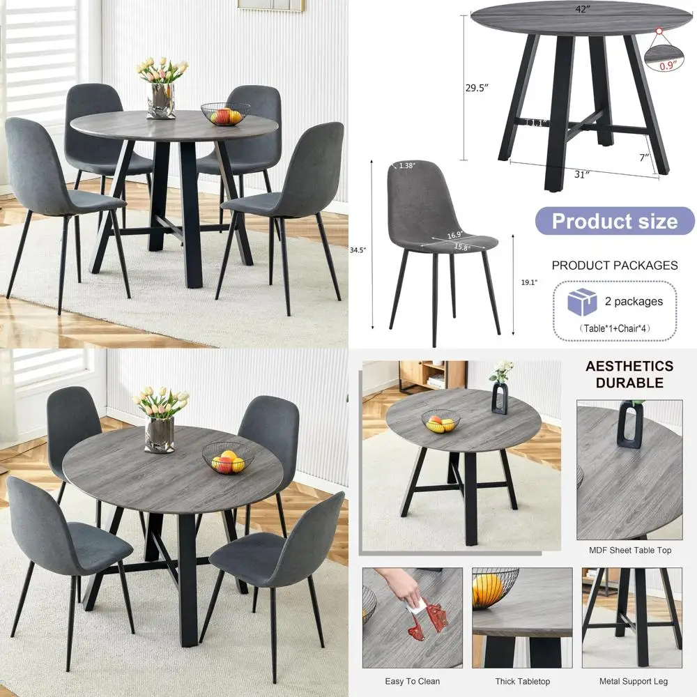 طقم طعام خشبي مستدير باللون الرمادي مقاس 42 بوصة مع كراسي قماش تتسع لـ 4 أشخاص #1