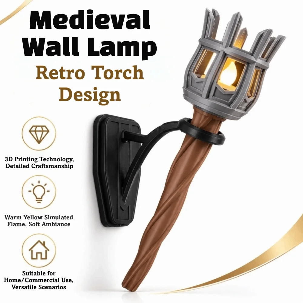 Vintage Medieval Torch Wall Lamp Dual Torch Led Lighting Fake Torch Wall Sconce Hand-Held 3D Print Torch Shape Hanging Light