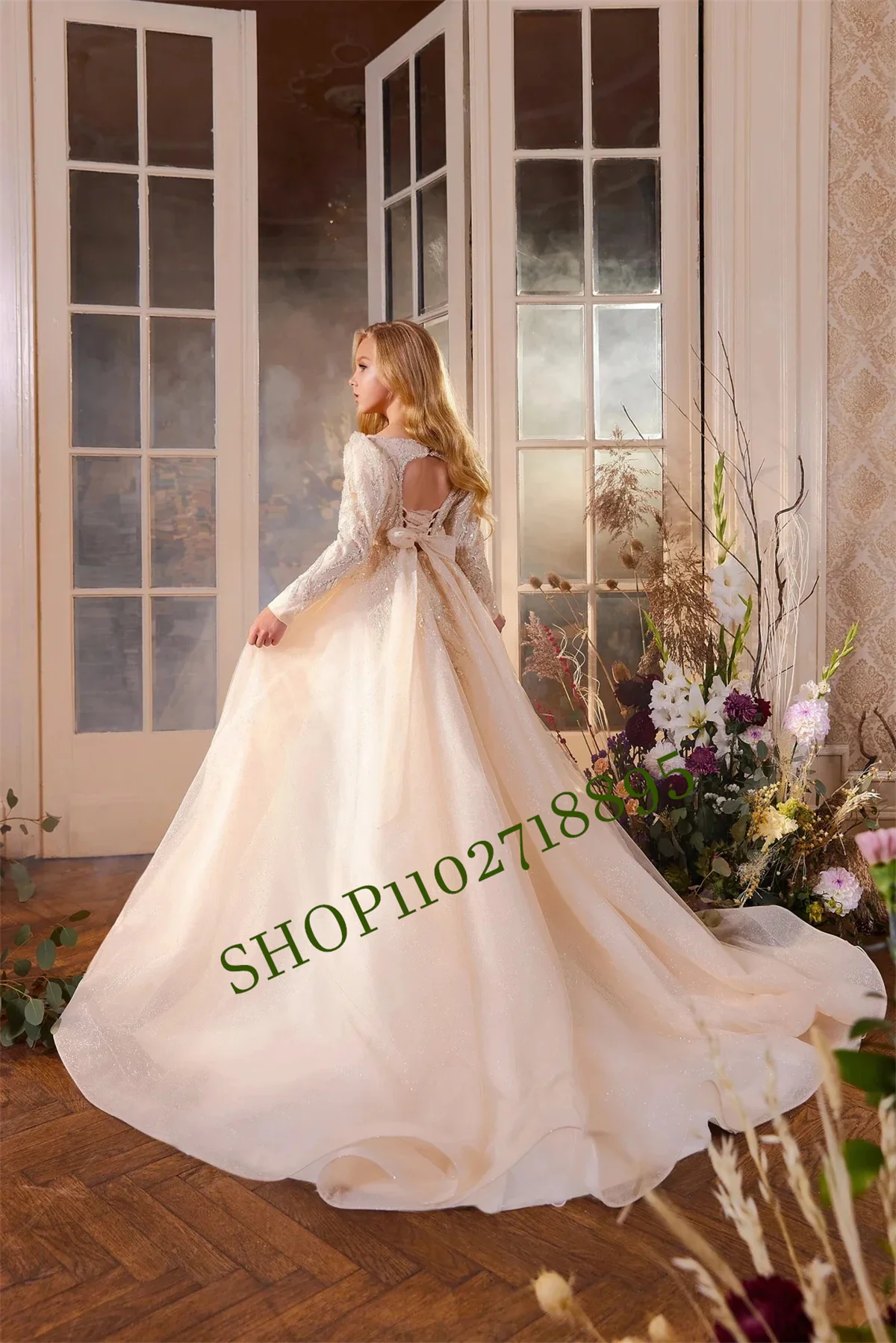 

Champagne Flower Girl Dress Applique Sequins Luxury Full Sleeve Tulle Fluffy For Wedding Birthday Party Evening Banquet Dress